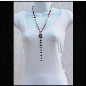 Puerto Rico Flag Necklace Silver with Wood Beads Y